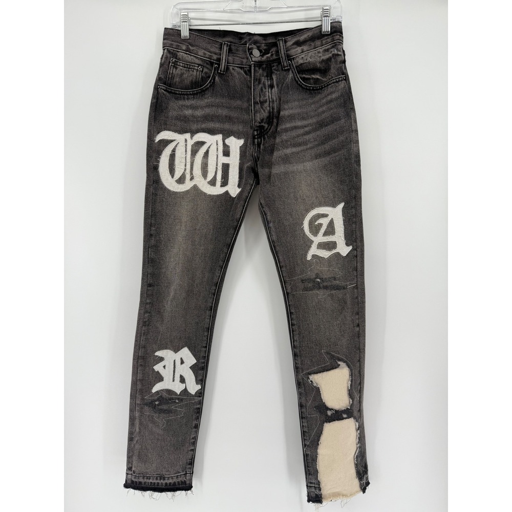 MNML‎ Distressed Embroidered Graphic Jeans, Slim Fit, Black Wash Denim 28x31
